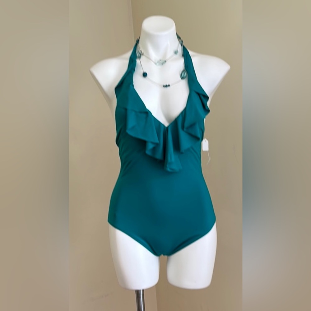 Ralph Lauren Emerald Blue One piece, bathingsuit low V-cut neckline Ruffles SZ 6